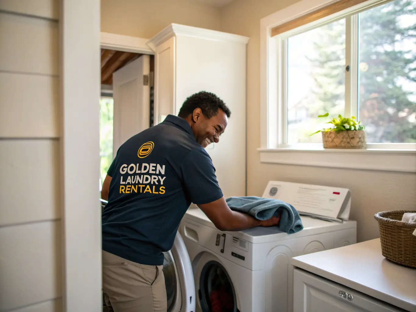 Delivery person installing a washer in a customer's home.