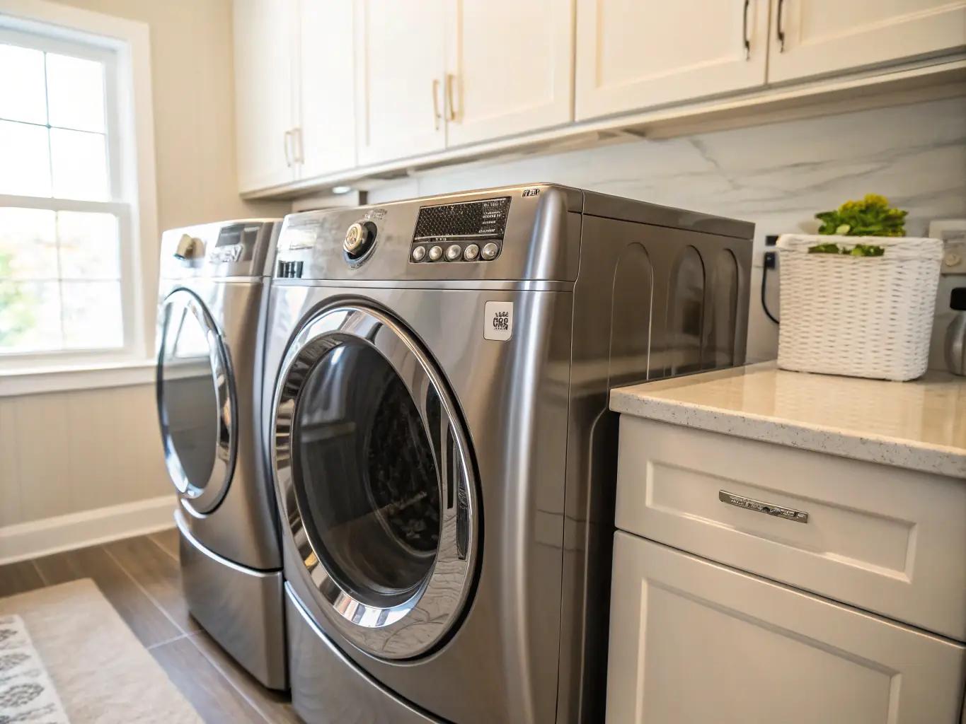Close-up of a high-quality washer and dryer set in a bright laundry room.