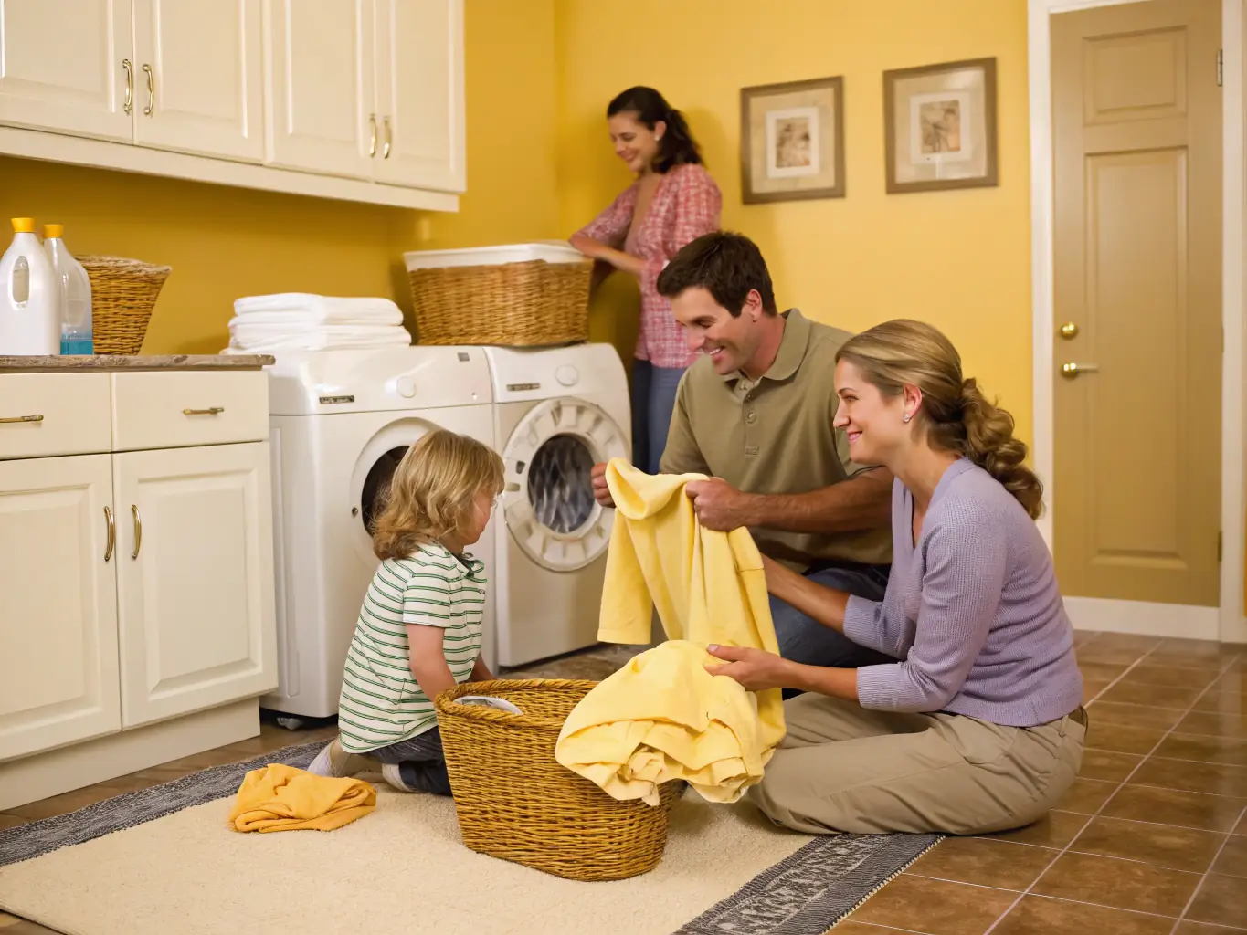 A family happily using a washer and dryer in a cozy laundry room.